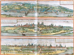ドイツ、ハイデルベルク(ハイデルベルガ)、スパイア(スパイラ)、ワーム(ワルマチア)の眺め(銅版画)