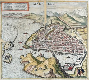 16世紀のマルセイユのビュー。左下にハンセン病病院があり、1599年のゲオルクブラウン作の「ルテアトルデュモンド」から 作： Franz Hogenberg