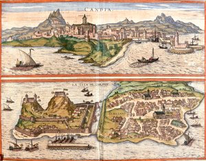 カンディア（Candia）、現在のクレタ島のイラクリオン（Heraklion）とギリシャの島、コルフ（Corfu）またはコルキュラ（Corphu）の風景（エッチング 作： Franz Hogenberg