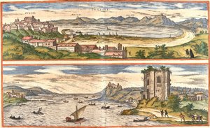 イタリアのポッツォーリ（プテオリ）とベイ（バイアエ）（現在のバイア）、ナポリ湾の温泉の古代遺跡と要塞のある風景（銅版画 作： Franz Hogenberg