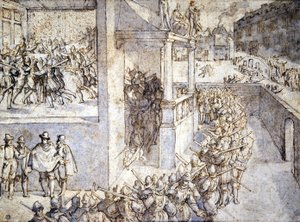 宗教戦争（サン・バルテルミー）。Hogenbergによるドローイング 作： Franz Hogenberg