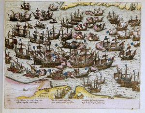 1588年08月08日にイギリスの海岸で行われた不可解なスペイン艦隊の敗北、1653年の図版（エングレービング 作： Franz Hogenberg