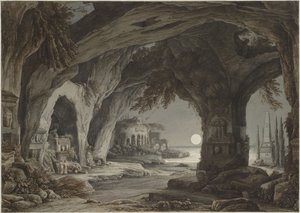 月明かりに岩の洞窟、墓、遺跡がある理想的な風景、c. 1790年。 作： Franz Innocenz Josef Kobell