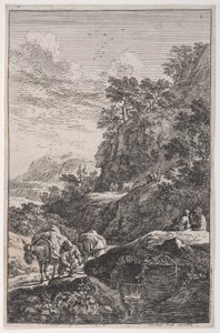 プレート 1: 小川のそばでラバのひづめをチェックする農民、「Tandscapes in t...」より 1700-25。