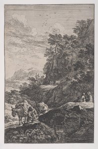 プレート 1: 小川のそばでラバのひづめをチェックする農民、「Tandscapes in t...」より 1700-25。