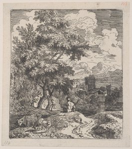 プレート 3: 丘の上に座る羊飼い、左側に牛と 2 頭の羊、里の町。 1700-25。 作： Franz Joachim Beich