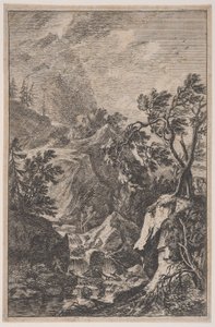 プレート 6: 右の岩の上に立っている 2 人の男性像、中央の滝と... 1700-25。 作： Franz Joachim Beich