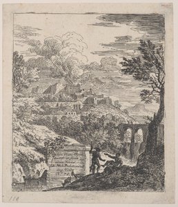 台座の横で休んでいる 2 人の羊飼い、背景の右側にある水道橋、a..., ca. 1700-25。