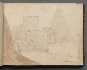 ローマとその周辺の景色を含むアルバム、風景研究、08aページ：Porta St. Paolo。 作： Franz Johann Heinrich Nadorp