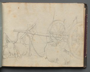 ローマとその周辺の景色を含むアルバム、風景研究、37aページ：牛と荷馬車。 作： Franz Johann Heinrich Nadorp