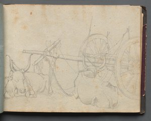 ローマとその周辺の景色を含むアルバム、風景研究、37aページ：牛と荷馬車 作： Franz Johann Heinrich Nadorp