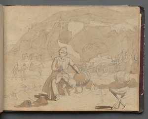 ローマとその周辺の景色を含むアルバム、Landscape Studies、39a ページ: Figure in a Landscape. 作： Franz Johann Heinrich Nadorp