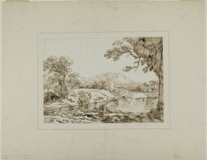 川、遠くの丘、手前で釣りをしている人物のいる風景 作： Franz Kobell
