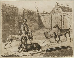 中庭、その中に犬と一緒にいる少年 作： Franz Krüger