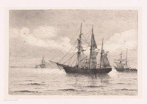 スリーマスターと他の船との海の風景 作： Franz Maecker