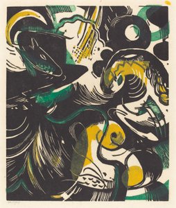 ジェネシスII（Schopfungsgeschichte II）、1914（黄色、黒、緑の木版画） 作： Franz Marc