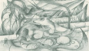 原始の風景の中の雄鹿と雌鹿 作： フランツ・マーク