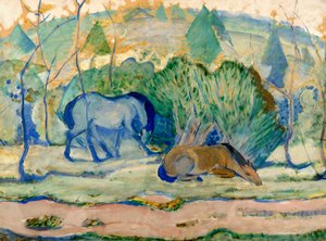 風景の中の牧草地の馬 作： Franz Marc