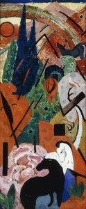 動物と虹のある風景。動物と虹のある風景、1911 作： Franz Marc