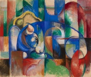 横になっている雄牛。 1913 作： Franz Marc