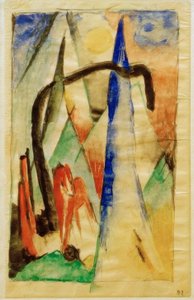 尖った形の風景の中の馬 作： Franz Marc