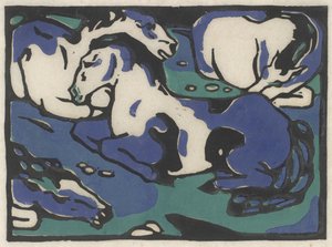 Ruhende Pferde（休息する馬）、1911-1912、1916年に印刷（日本紙に黒、青、緑の木版画） 作： Franz Marc