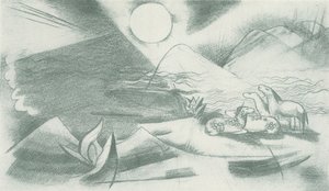 太陽、山、馬の群れのある自然のままの風景 作： フランツ・マーク