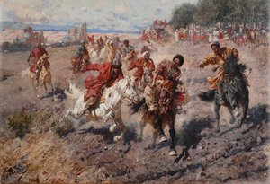 1889年、ラム賞のためのダッシュの乗馬スポーツでムハラムの終わりを祝うチェルケス 作： Franz Roubaud