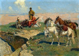 白人戦士の停止 - フランツ・ルボー (1856-1928) の絵画