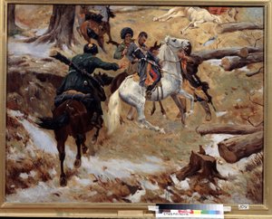 チェチェンでのコーカサス戦争 (コーカサスの征服) 中の 1851 年 12 月 10 日の戦闘で、チェチェン人によって殺されたニコライ・スレプツォフ (Nikolai Sleptsov) 総司令官 (1815-1851) の死。 （チェチェンでの戦闘での少将ニコライ・スレプツォフの死 作： Franz Roubaud