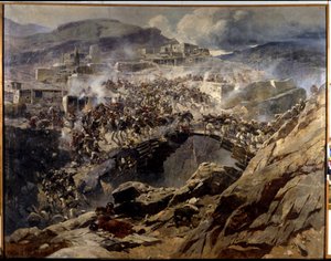 Akhoulgo の包囲 (The Siege of Akhoulgo): 1839 年、Shamil (Imam Shamil, Shamil) (1797-1871) と彼のコーカサス出身のイスラム教徒の支持者は、ロシア軍によって虐殺される前に、山の砦で包囲された - 絵画フランツ・ルボー (1856-19) 作： Franz Roubaud