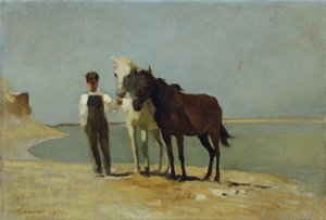 ビーチで馬を持つ少年 作： Franz Rumpler