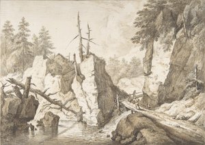 小川に架かる小さな橋のあるスイスの山の風景、1751～81年。 作： Franz Schutz