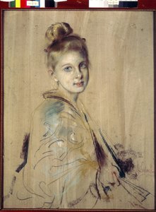 ファンを持つ少女 (Girl With A Fan)。 フランツ・フォン・レンバッハ (1836-1904) の作品、厚紙にパステル、1880 年頃。 19 世紀のドイツの芸術。 国立エルミタージュ、サンクトペテルブルク。 作： Franz Seraph von Lenbach