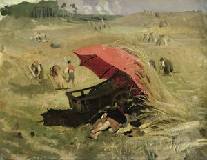 赤い日よけ、1860年頃（船上の紙に油彩） 作： Franz Seraph von Lenbach