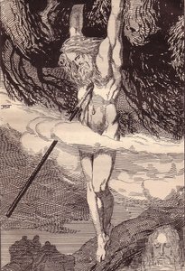 世界樹にぶら下がるオーディン。 エッダのイラスト: Hans von Wo によるゲルマンの神々と英雄 作： Franz Stassen