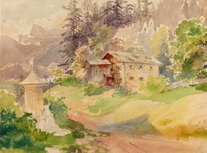 神社の前に農家と女性がいるアルプスの風景 作： Franz Steinfeld
