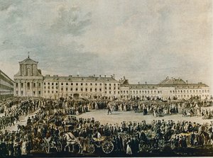 1827年、ルートヴィヒ・ヴァン・ベートーヴェンの葬列、シュヴァルツスパニアハウスからウィーン、アルセルガッセの聖三位一体教会へ（水彩画）