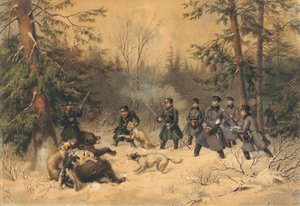 皇帝アレクサンドル 2 世の熊狩り、1862 年。 作： Franz Teichel