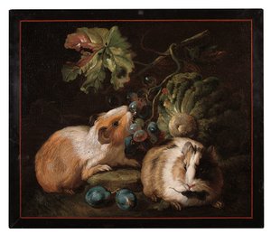 1800〜25年にキャベツとブドウを食べる2匹のモルモットを描いたローマのマイクロモザイクパネル 作： Franz Werner von Tamm