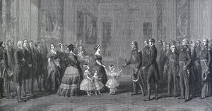 1844年10月8日、ウィンザー城でフランス王ルイ・フィリップ1世（ルイ・フィリップ・ドルレアン、1773～1850年）を迎えるイギリスのヴィクトリア女王（1819～1901年）。ヴィンターハルターの絵画の後に彫られた版画