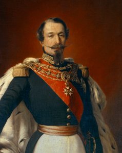 サン・クラウド城の景色の前でのフランス皇帝ナポレオン3世（1808-1873）の肖像。フランツ・クサヴァー・ヴィンターハルター（1806-1873）による絵画の詳細 1855年 薄暗い。2.4x1.5 m