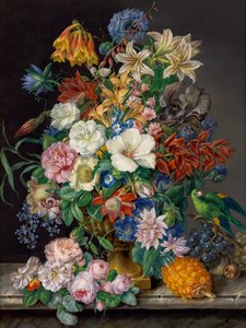 パイナップル、ブドウ、オウムの花の作品