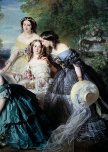 1855年、ウジェニー皇太子（1826-1920）は、マラレ男爵夫人（旧姓ナタリー・ド・セギュール）（黄色）、マリスマス侯爵夫人（白）、ラ・トゥール・モーブール侯爵夫人を代表とする詳細宮殿の貴婦人たちを囲んでいた。フランツ・グザヴィエ・ウィによる絵画 作： Franz Xaver Winterhalter