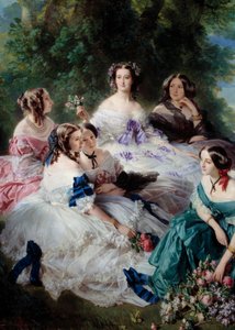 1855年のウジェニー像（1826-1920）は、エスリング王女、ストーンズ男爵夫人、レゼイ・マルネシア子爵夫人、上部に白衣を着た皇帝、下部にモンテベロ侯爵夫人が描かれた詳細宮殿の貴婦人たちを取り囲んでいます。 作： Franz Xaver Winterhalter