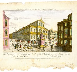 Vue d&39;Optique - The Destruction of the Royal Image Column zu Neu Yorc（Optical View - Destruction of the Royal Statue in New York）、c。 1776年（簀の紙に多色水彩でエッチングと彫刻） 作： Franz Xavier Habermann