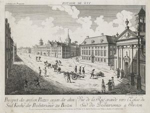 Vue d&39;Optique - Prospect des Grossen Plazes gegen der Alten Sud Kirche der Presbiterianer zu Boston（Optical View - View of the Large Squares to the Old South Presbyterian Church in Boston）、c。 1776年（エッチングと彫刻、簀の紙に無着色） 作： Franz Xavier Habermann