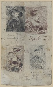 ピーテル・パウル・ルーベンスの模写スケッチが 3 点、パルマ・ヴェッキオの模写が 1 点 (?) 作： Franz von Lenbach, Peter Paul Rubens