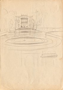 抹茶アトリエ ヴィラのデザインスケッチ - 噴水のある庭園からの眺め 作： Franz von Matsch