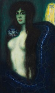ル・ペーシェ（罪）」は、シュトゥック、フランツ、リッター・フォン（1863-1928）の作品です。キャンバスに油彩、サイズ：90,2x53,3、個人蔵 作： Franz von Stuck
